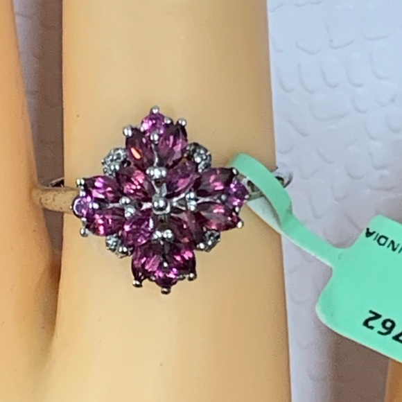 Vintage Sterling Silver Signed STS Flower Rhodolite Garnet Ring  sz 9 - Picture 7 of 12